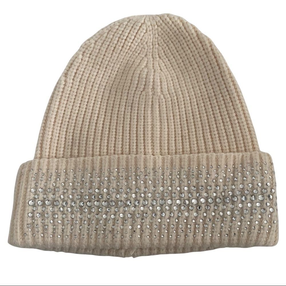 Tasha cream rhinestone beanie hat 100% acrylic